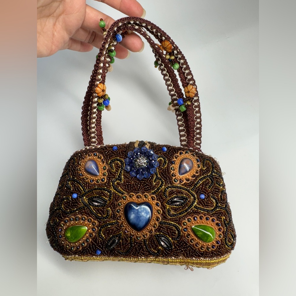 Handcrafted Beaded Brown Handbag Boho Chic Bag Black lining Fabric Embellished